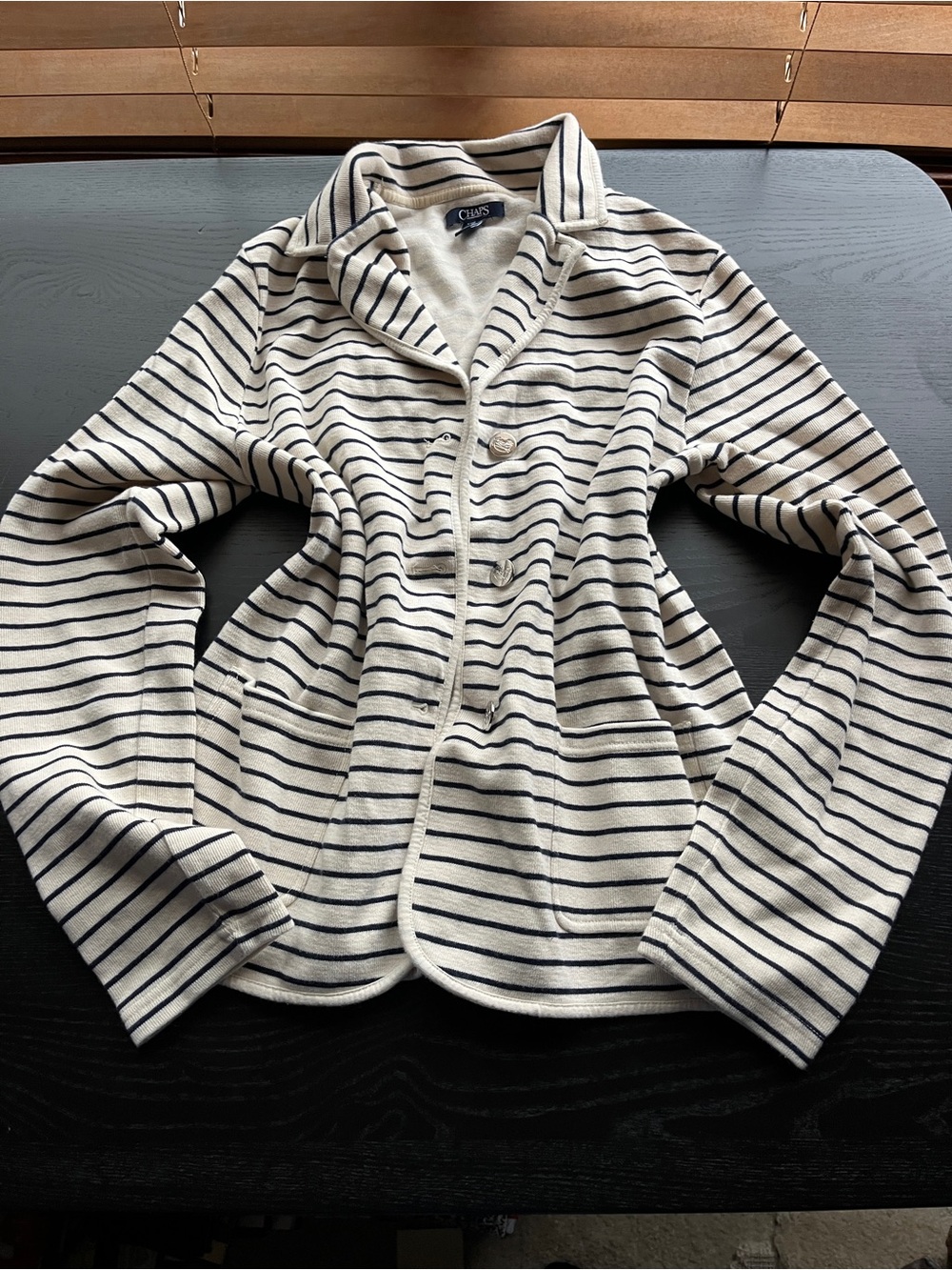 Chaps Striped Knit Blazer Jacket Large Cream Navy Blue Cotton Blend Button Up